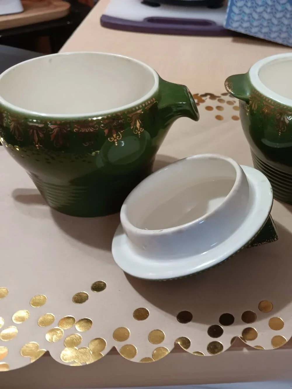 American Limoges Forest Green Trillium Sugar & Creamer set 22k Gold RARE